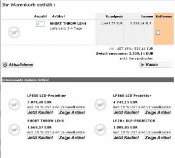 Zusatzartikel unterhalb des Warenkorbes